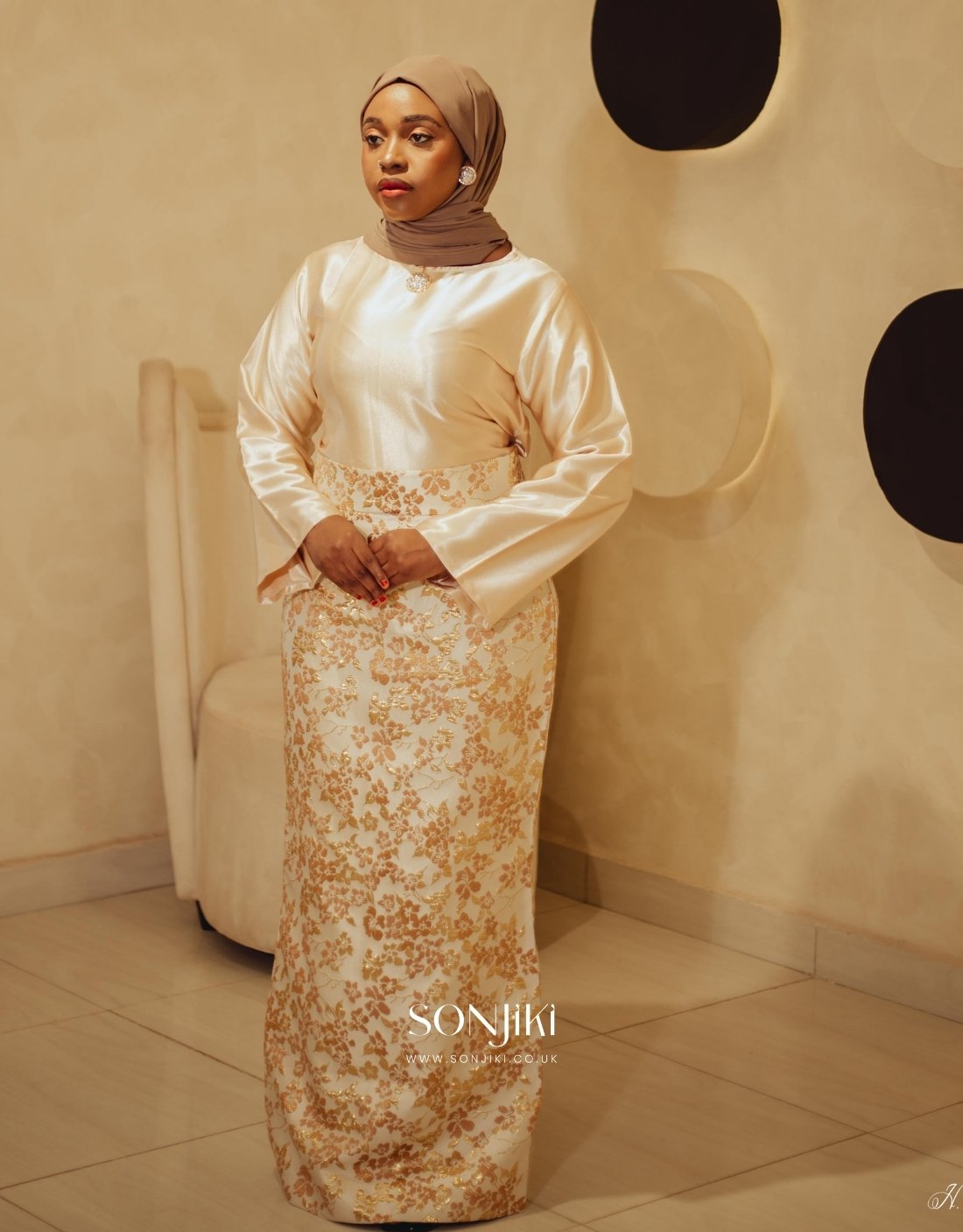 The Mariyah Cream & Gold Co-ord Set — brocade elegance for modest celebration dressing. Shop Sonjiki UK.