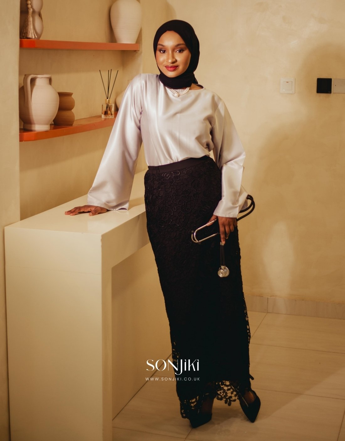Halima Black & Grey Co-ord Set—rich texture meets elegant satin. Modest luxury co-ords by Sonjiki.