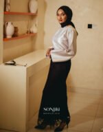 Halima Black & Grey Co-ord Set—rich texture meets elegant satin. Modest luxury co-ords by Sonjiki.