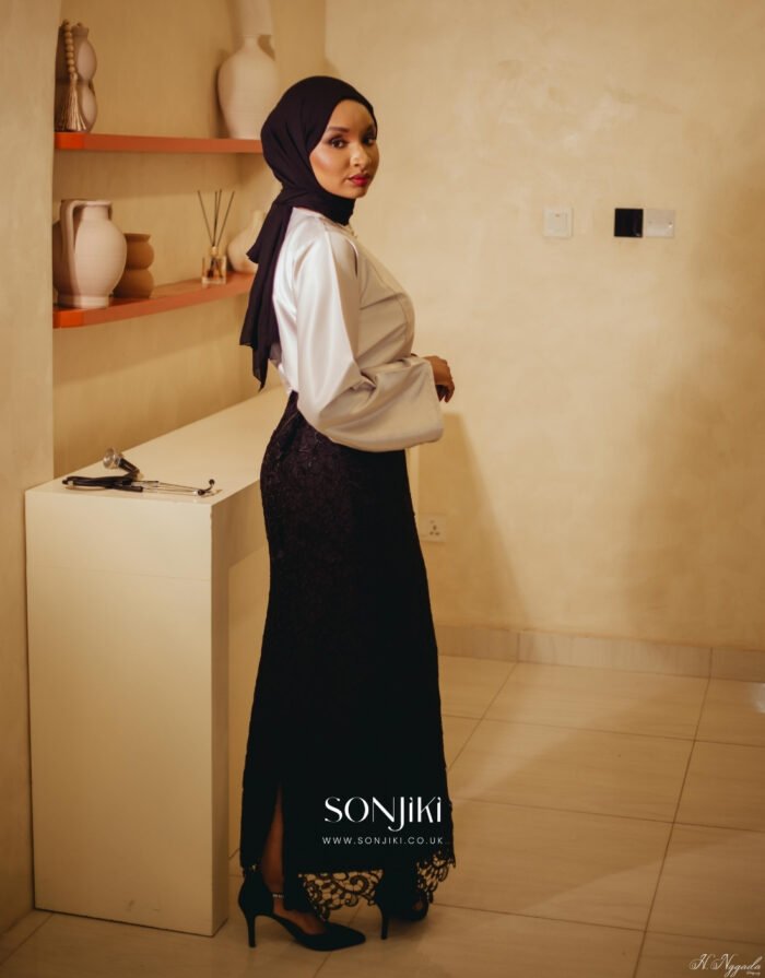 Halima Black & Grey Co-ord Set—rich texture meets elegant satin. Modest luxury co-ords by Sonjiki.