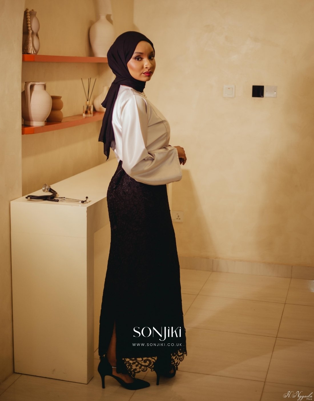 Halima Black & Grey Co-ord Set—rich texture meets elegant satin. Modest luxury co-ords by Sonjiki.