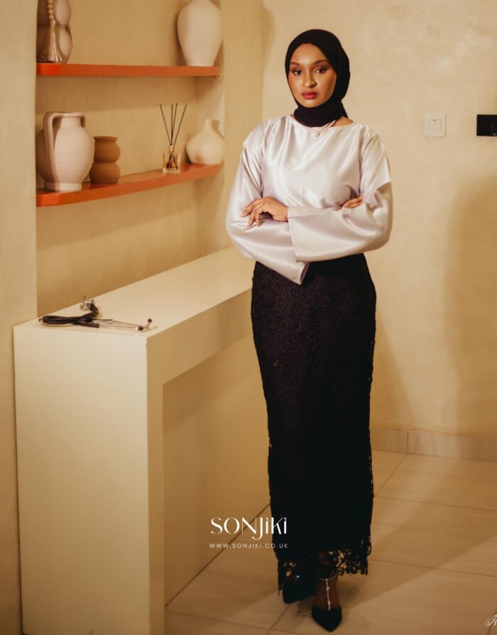 Halima Black & Grey Co-ord Set—rich texture meets elegant satin. Modest luxury co-ords by Sonjiki.