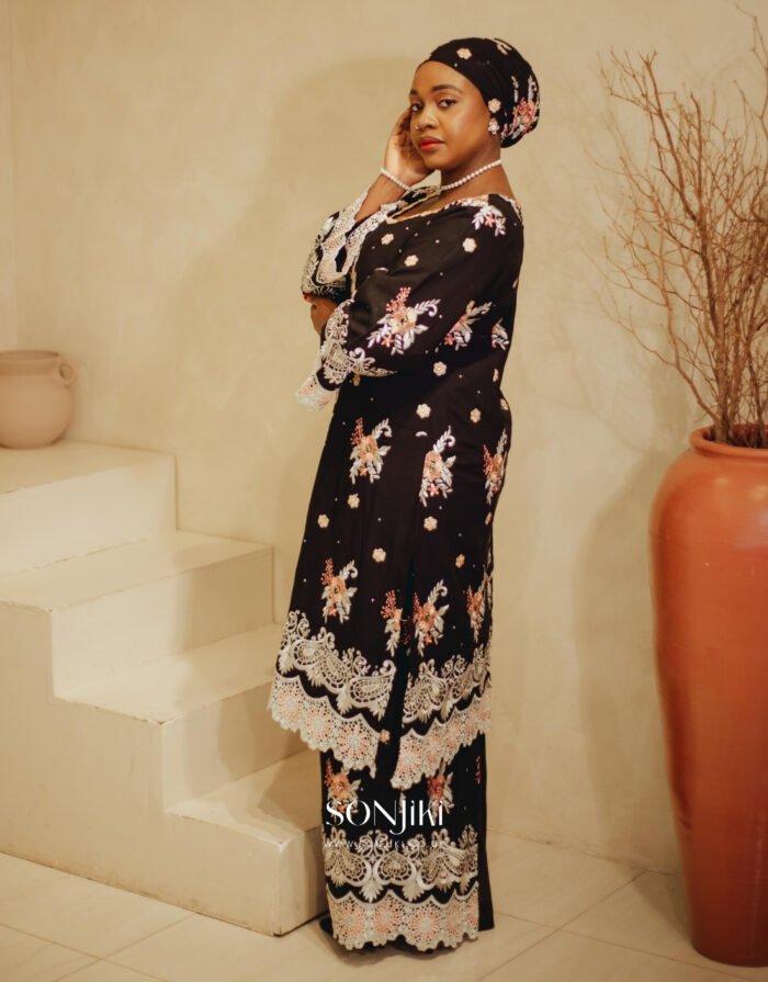 Fatimah Black Swiss Lace Co-ord — heritage and elegance combined. Shop modest African celebration wear at Sonjiki UK.