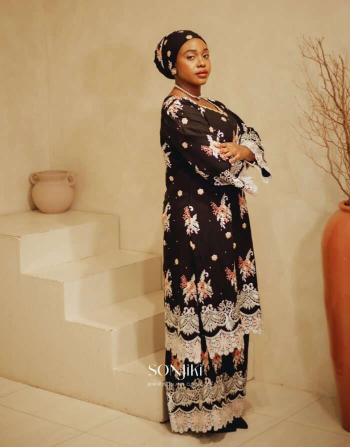 Fatimah Black Swiss Lace Co-ord — heritage and elegance combined. Shop modest African celebration wear at Sonjiki UK.