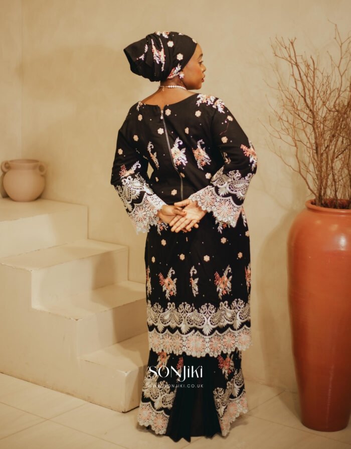Fatimah Black Swiss Lace Co-ord — heritage and elegance combined. Shop modest African celebration wear at Sonjiki UK.