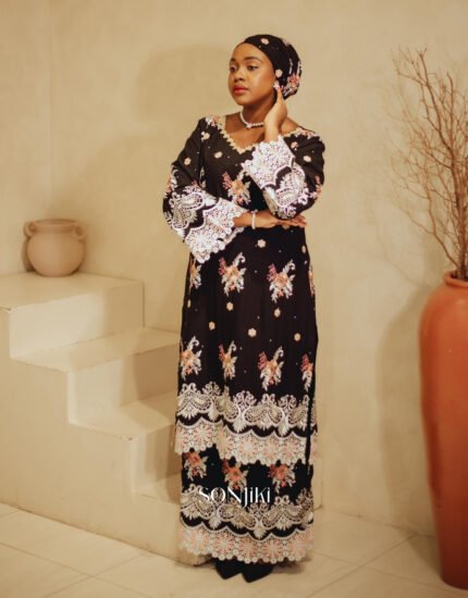 Fatimah Black Swiss Lace Co-ord — heritage and elegance combined. Shop modest African celebration wear at Sonjiki UK.