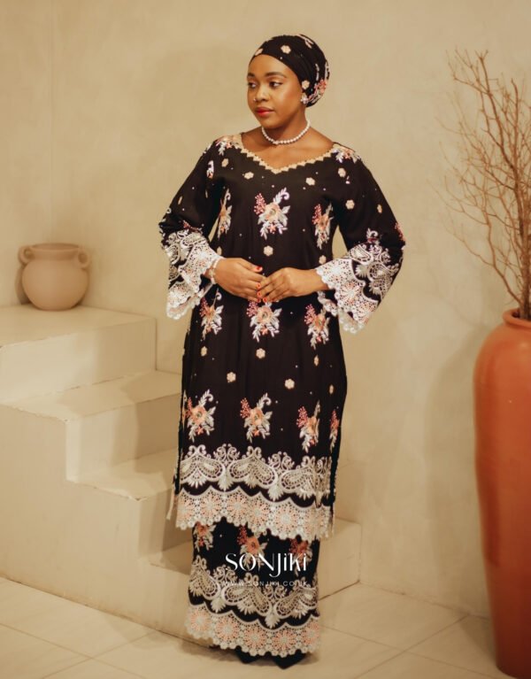 Fatimah Black Swiss Lace Co-ord — heritage and elegance combined. Shop modest African celebration wear at Sonjiki UK.