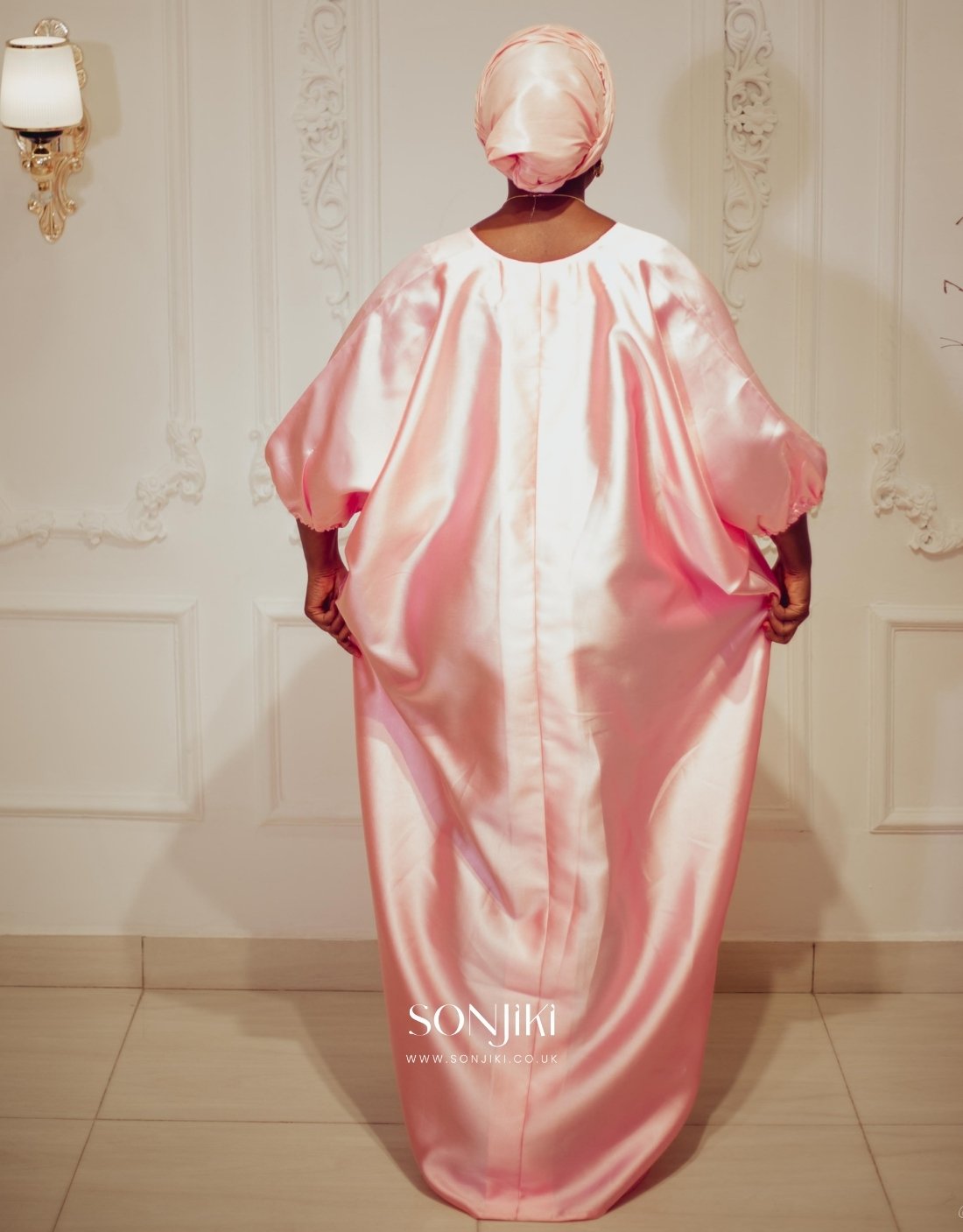 Shop the Haneefah Blush Pink Mikado Boubou—available in three lengths. Sonjiki’s signature modest luxury for UK Muslim women.