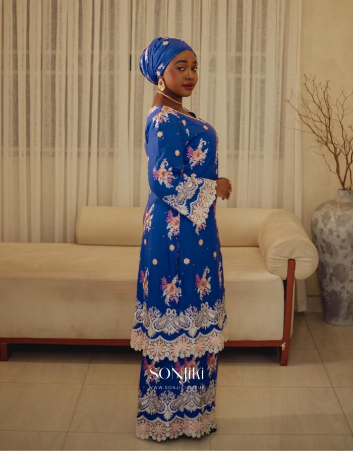 Rukayyah Royal Blue Swiss Lace Set — refined African-inspired modest wear for UK celebrations. Shop Sonjiki.