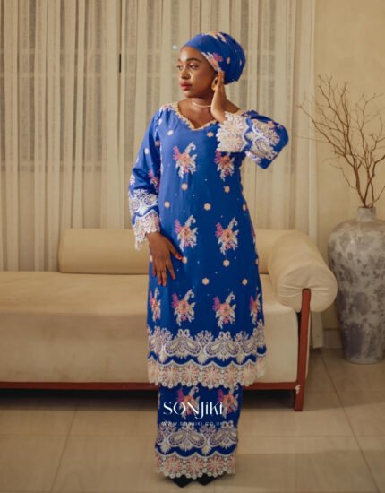 Rukayyah Royal Blue Swiss Lace Set — refined African-inspired modest wear for UK celebrations. Shop Sonjiki.
