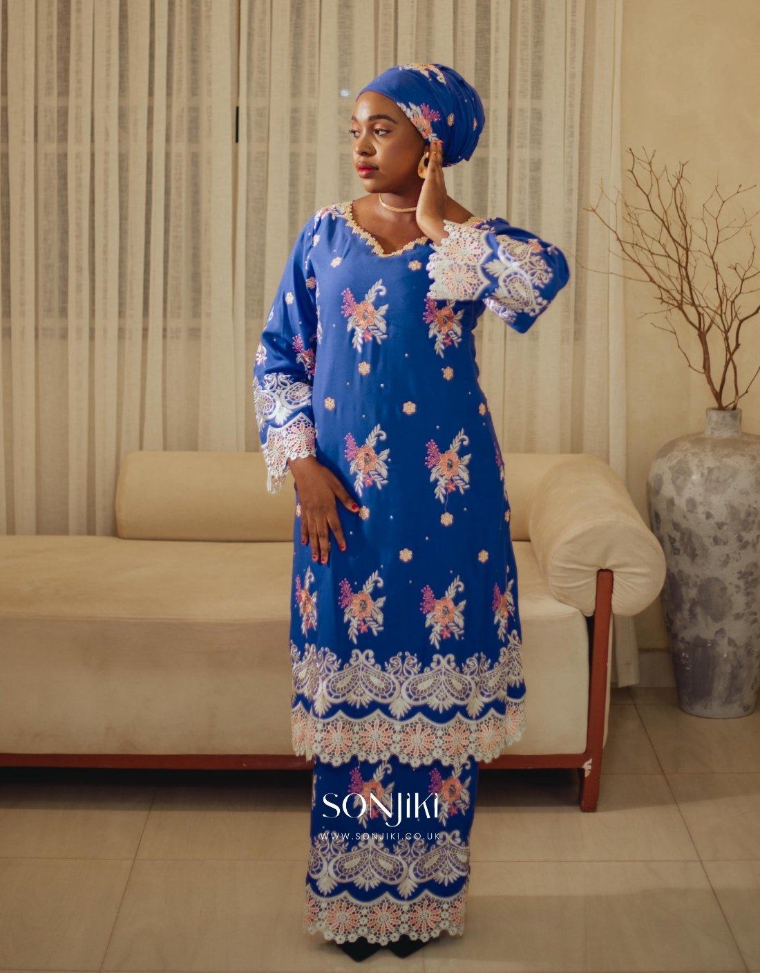 Rukayyah Royal Blue Swiss Lace Set — refined African-inspired modest wear for UK celebrations. Shop Sonjiki.