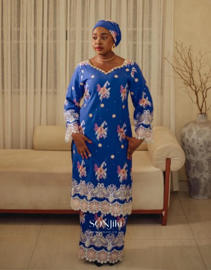 Rukayyah Royal Blue Swiss Lace Set — refined African-inspired modest wear for UK celebrations. Shop Sonjiki.