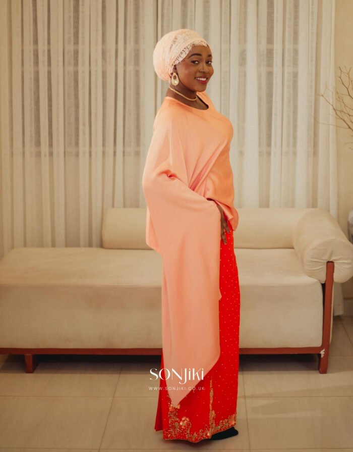 Explore the Amina Orange & Peach Co-ord Set—embellished, elegant and modest. A Sonjiki signature for the celebration season.