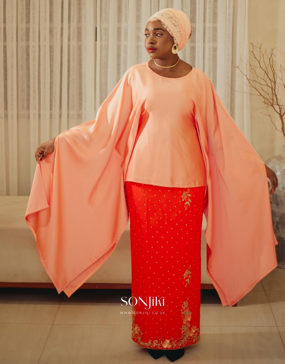 Explore the Amina Orange & Peach Co-ord Set—embellished, elegant and modest. A Sonjiki signature for the celebration season.