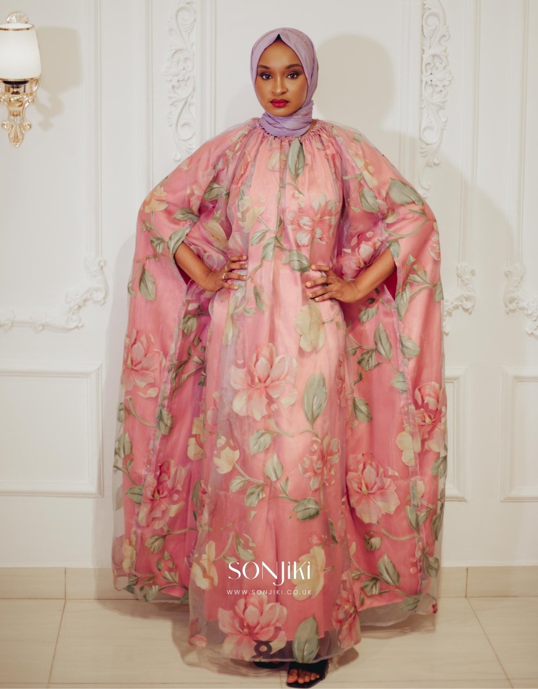 Aisha Floral Pink Organza Boubou available in Petite, Regular and Tall. Discover modest luxury at Sonjiki—where culture meets elegance.