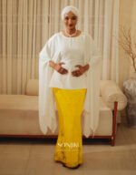 The Maryam Yellow & White Co-ord Set blends hand embellishment with elegant satin. Shop modest luxury co-ords at Sonjiki UK.