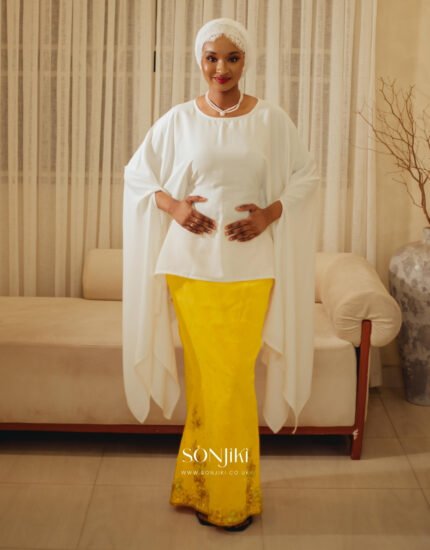 The Maryam Yellow & White Co-ord Set blends hand embellishment with elegant satin. Shop modest luxury co-ords at Sonjiki UK.