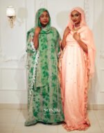 Discover the Safiya Peach Embroidered Chiffon Boubou at Sonjiki. Includes inner dress and veil. Perfect modest African-inspired celebration wear for UK Muslim women.