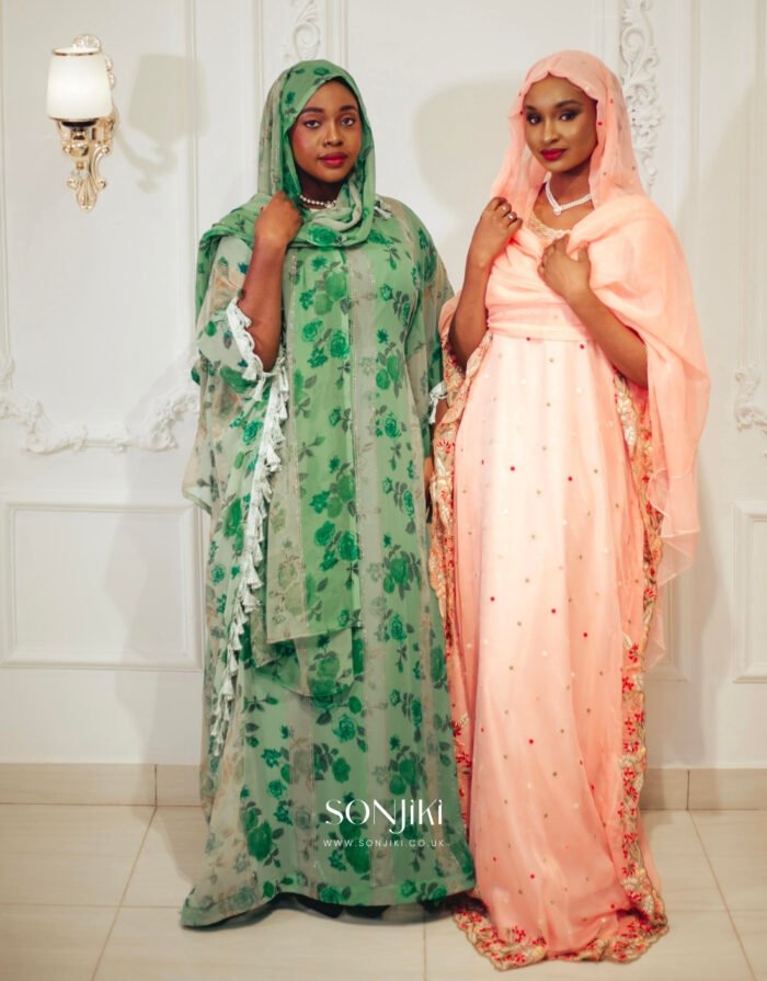 Discover the Safiya Peach Embroidered Chiffon Boubou at Sonjiki. Includes inner dress and veil. Perfect modest African-inspired celebration wear for UK Muslim women.