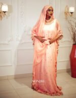 Discover the Safiya Peach Embroidered Chiffon Boubou at Sonjiki. Includes inner dress and veil. Perfect modest African-inspired celebration wear for UK Muslim women.