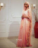 Discover the Safiya Peach Embroidered Chiffon Boubou at Sonjiki. Includes inner dress and veil. Perfect modest African-inspired celebration wear for UK Muslim women.