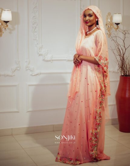 Discover the Safiya Peach Embroidered Chiffon Boubou at Sonjiki. Includes inner dress and veil. Perfect modest African-inspired celebration wear for UK Muslim women.