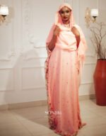 Discover the Safiya Peach Embroidered Chiffon Boubou at Sonjiki. Includes inner dress and veil. Perfect modest African-inspired celebration wear for UK Muslim women.