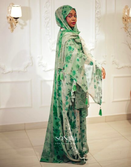 Shop the Hiba Green Floral Boubou at Sonjiki. Features tassel details, inner dress and matching veil. Modest luxury for UK-based cultural celebrations.