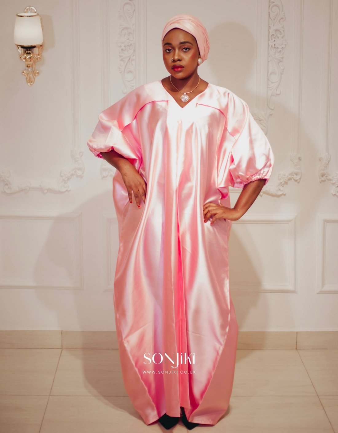 Shop the Haneefah Blush Pink Mikado Boubou—available in three lengths. Sonjiki’s signature modest luxury for UK Muslim women.