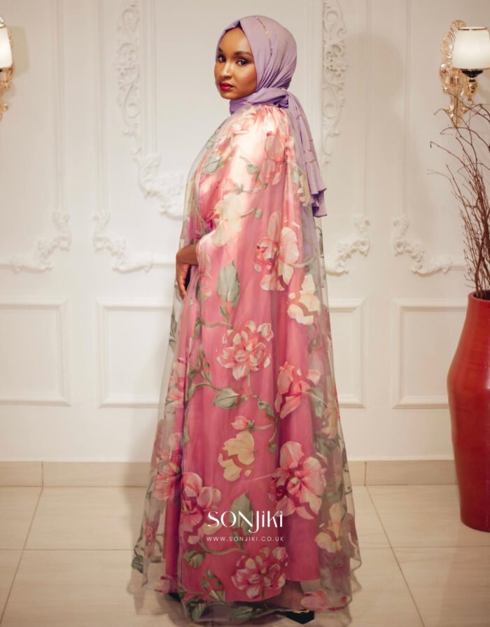 Aisha Floral Pink Organza Boubou available in Petite, Regular and Tall. Discover modest luxury at Sonjiki—where culture meets elegance.