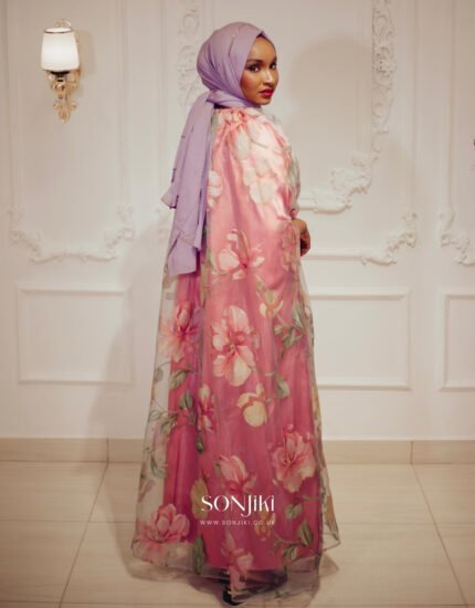 Aisha Floral Pink Organza Boubou available in Petite, Regular and Tall. Discover modest luxury at Sonjiki—where culture meets elegance.