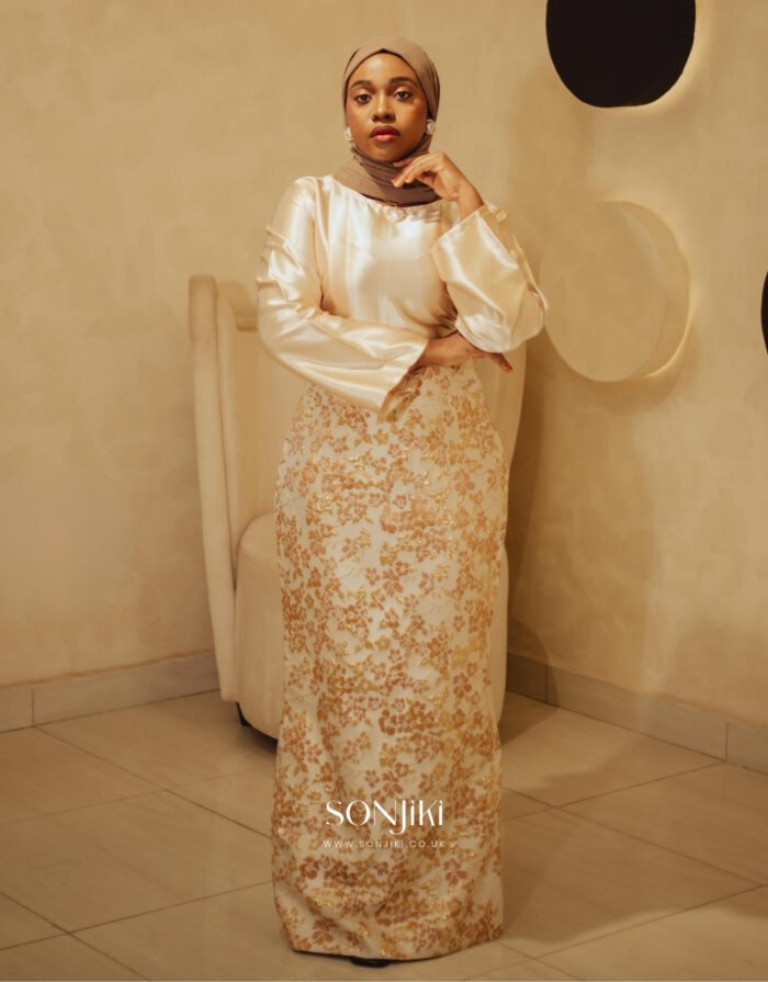 The Mariyah Cream & Gold Co-ord Set — brocade elegance for modest celebration dressing. Shop Sonjiki UK.