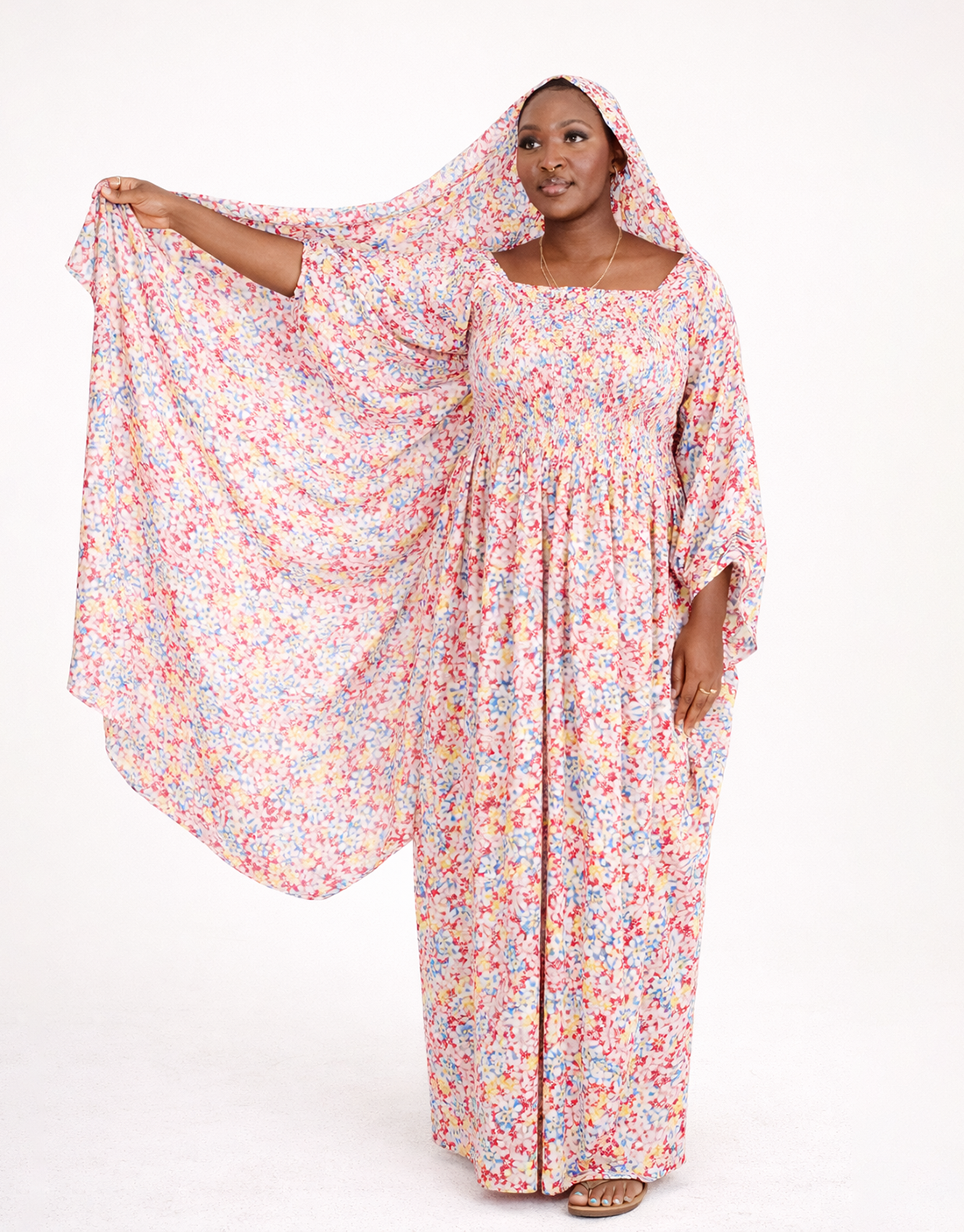 Mariama Pink Floral Long Sleeve Melhfa Dress