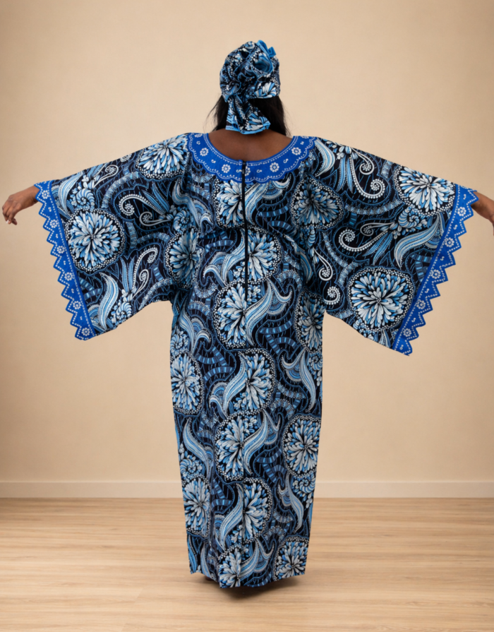 Bilqis Blue Embellished African Print Boubou - Image 3
